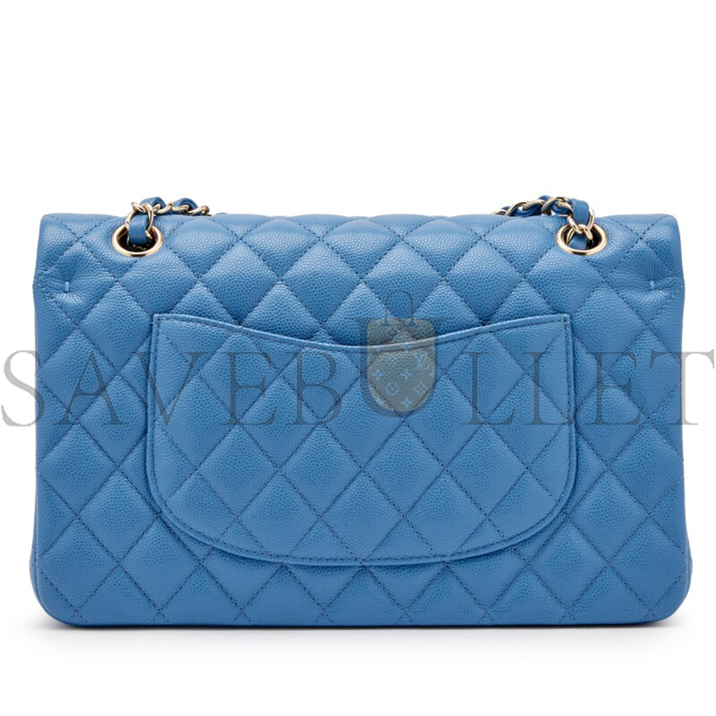 Ch*el blue quilted caviar medium classic double flap light gold hardware as1112 (25*15*6cm)